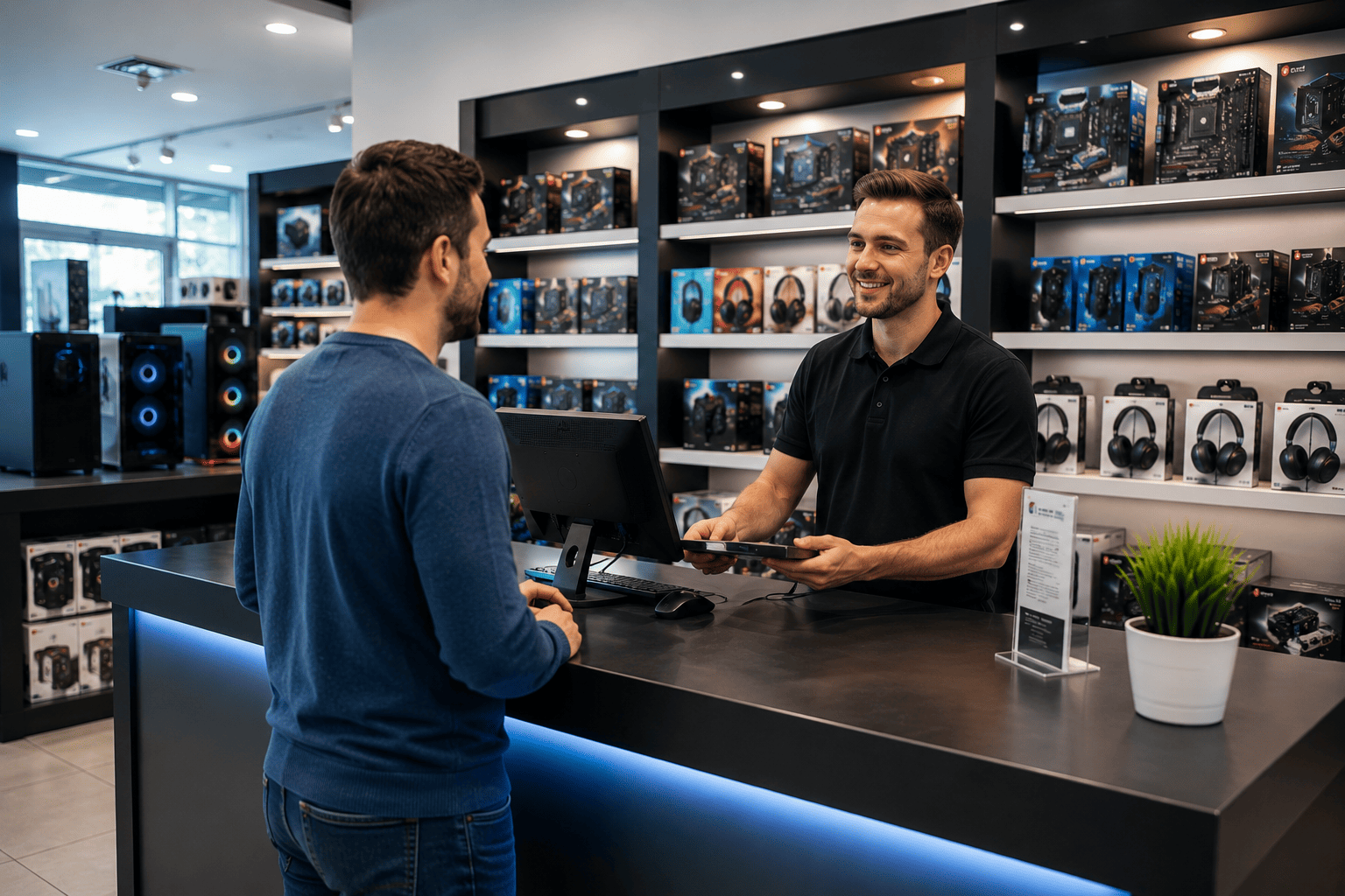 Conseiller DSFP APHP accompagnant un client au comptoir