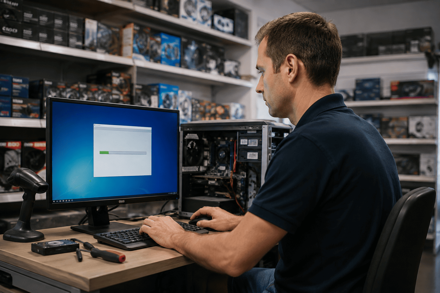 Technicien DSFP APHP au poste de travail, installation de matériel informatique